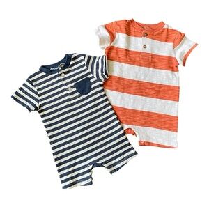 #088, chick pea bundle of Striped Baby Rompers in Navy and Orange, size 3-6 mo